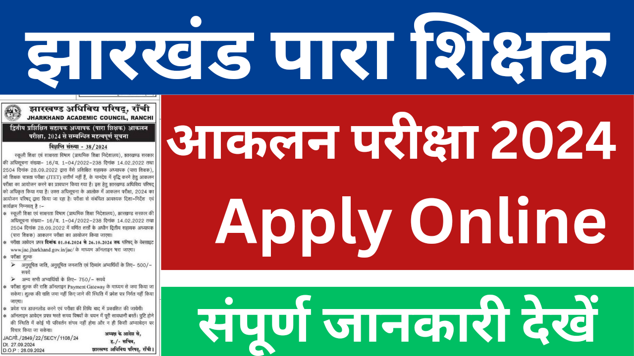 Jharkhand Para teacher aakalan Pariksha Apply Online 2024