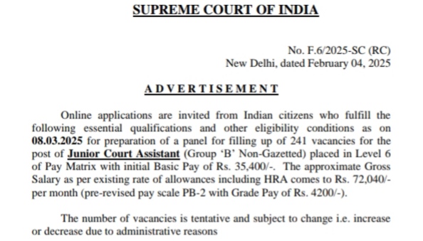 Supreme Court of India Junior Court Assistant Recruitment 2025